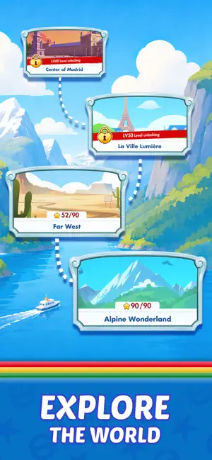Chapter list showing Alpine Wonderland at 90/90 stars, Far West at 52/90, and La Ville Lumière and Center of Madrid locked until levels 50 and 60
