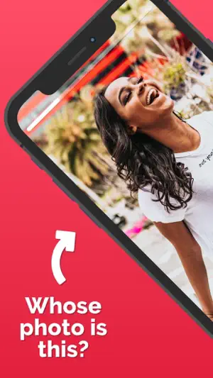 Red promo frame asking whose photo is this, over a laughing woman with long dark hair outdoors