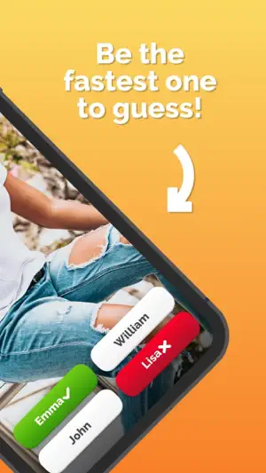 Orange promo frame urging players to be the fastest to guess, with Emma marked correct in green and Lisa wrong in red