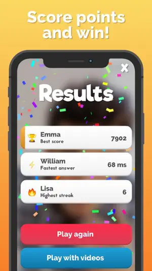 Results screen with confetti: Emma best score 7902, William fastest answer 68 ms, Lisa highest streak 6, plus Play again and Play with videos buttons