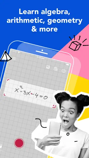 Camera screen headed "Learn algebra, arithmetic, geometry & more" with the handwritten equation x² − 3x − 4 = 0 inside the scan frame above a red capture button