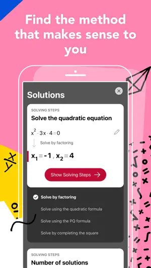 Solutions screen for x² − 3x − 4 = 0 showing x₁ = −1 and x₂ = 4, with four methods listed: factoring, quadratic formula, PQ formula and completing the square