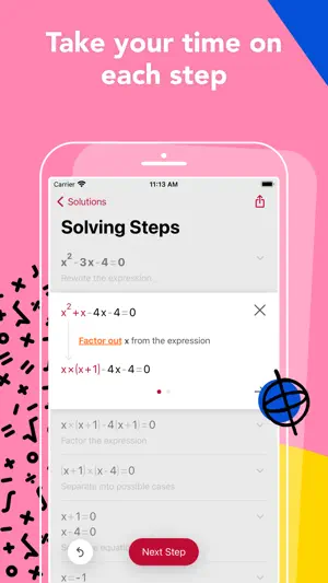 Solving Steps list for x² − 3x − 4 = 0 with an expanded card reading Factor out x from the expression and a red Next Step button