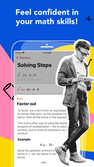 Solving Steps screen with a PLUS-tagged Factor out concept card that explains pulling out a common factor and gives a worked example