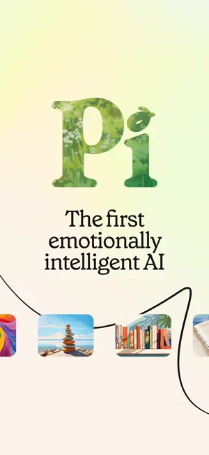 Green leafy Pi logo above the tagline The first emotionally intelligent AI, with small topic thumbnails along a curved line
