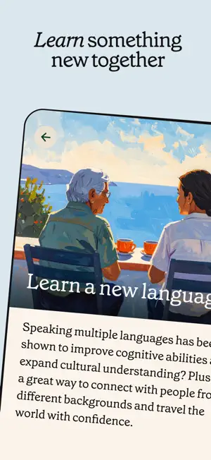 Learn something new together card titled Learn a new language, with an illustration of two people at a seaside table