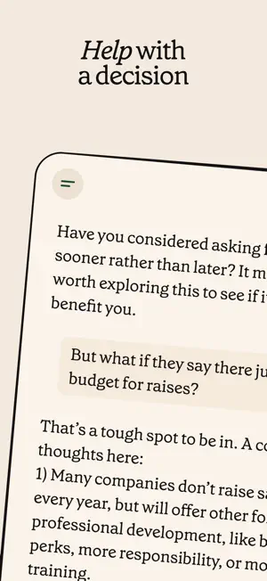 Help with a decision chat about asking for a raise, showing a follow-up question about budget and a numbered answer