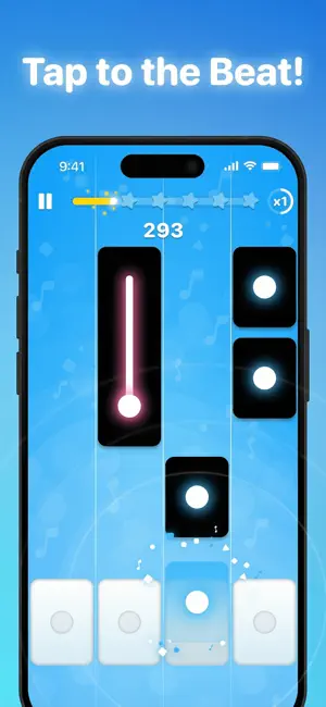 Tap to the Beat banner over a blue Piano Pop lane with a glowing hold note, black tiles with white dots and four white keys