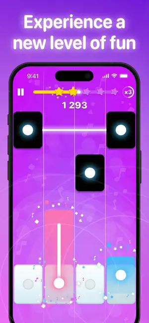 Purple gameplay screen showing a 1,293 score, a x3 multiplier, two lit stars and a hold note on the second key
