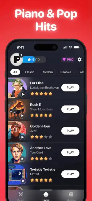 Song list with Classic, Modern and Lullabies tabs showing Fur Elise, Rush E, Golden Hour, Another Love and Twinkle Twinkle