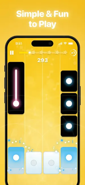 Yellow gameplay screen with a hold note in the left lane, three stacked tiles on the right and four keys below