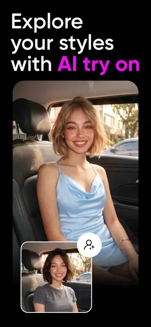 Picsart AI Try On restyling a woman's grey T-shirt into a light-blue satin slip dress in a car seat