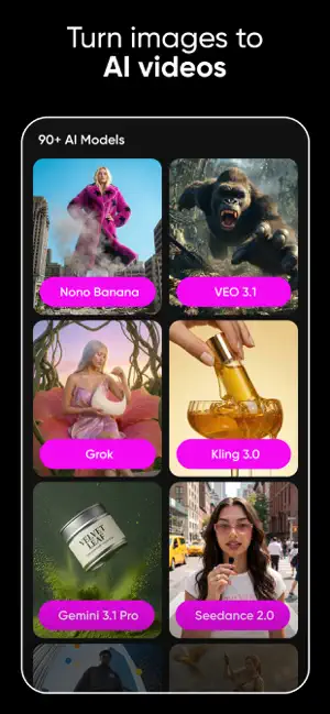 Image-to-video model grid labeled 90+ AI Models with Nano Banana, Veo 3.1, Grok, Kling 3.0, Gemini 3.1 Pro and Seedance 2.0