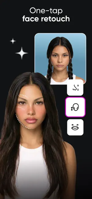One-tap face retouch comparing a woman with braids before and after, with nose, face and lip reshape icons