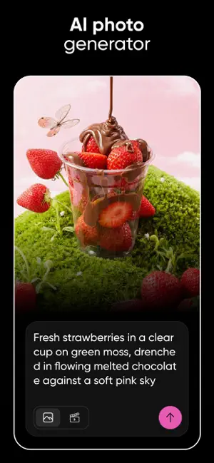AI photo generator prompt for strawberries in a cup on green moss under melted chocolate, with the generated image above