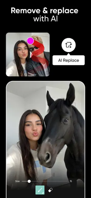 AI Replace brushing over a man in a selfie and swapping him for a black horse, brush size set to 15