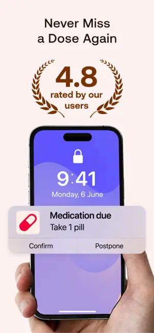Lock screen with a MyTherapy Medication due notification and Confirm and Postpone buttons