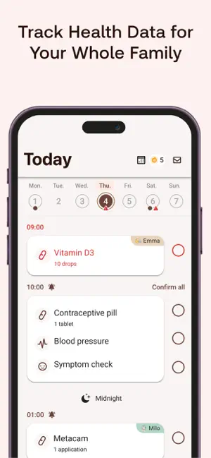 MyTherapy Today screen listing Vitamin D3, a contraceptive pill, blood pressure and a symptom check by time