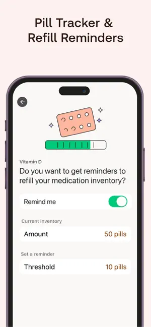 Refill reminder setup for Vitamin D with 50 pills in stock and a 10-pill alert threshold