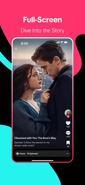 Full-screen player on episode 1 of Obsessed with You: The Boss's Way, with like, comment and save counters above a Drama, 70 Episodes bar