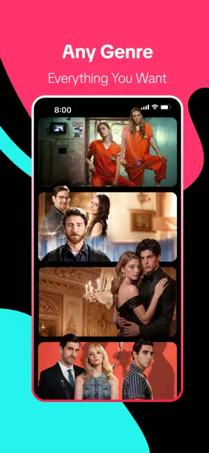 Any Genre screen stacking four series banners, from a prison drama in orange jumpsuits to a couple posed in a chandeliered ballroom