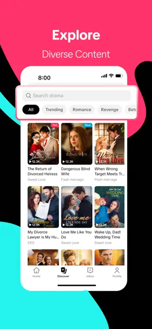 Discover tab with a Search drama bar, All, Trending, Romance and Revenge filters, and a grid of drama covers marked with 12.3K views