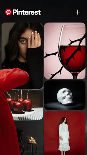 The Pinterest home feed with gothic pins: candy apples, a wine glass and a skull