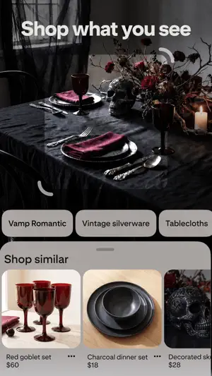 Shop what you see: a dark dining table pin with shoppable goblets and dinnerware below