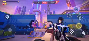 First-person view down a scoped rifle on a blue rooftop arena, 5v5 score at the top