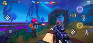 Firing at a pink-haired enemy across a broken sci-fi map at night