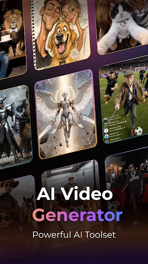 Collage of sample AI clips, including an angel-winged warrior, a cartoon couple with a dog and an elderly man on a football pitch