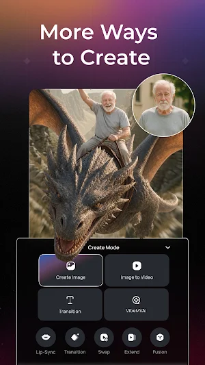 Photo of an elderly man turned into a clip of him riding a dragon, above the Create Mode menu with Image to Video, Transition and VibeMVAI