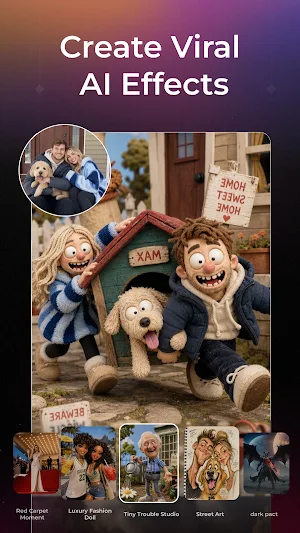 Family photo with a dog restyled as a clay-figure scene by the Tiny Trouble Studio effect, beside Red Carpet Moment and Street Art templates