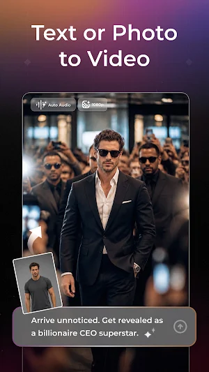 Photo-to-video example turning a man in a T-shirt into a suited figure among bodyguards, with Auto Audio and 1080p toggles