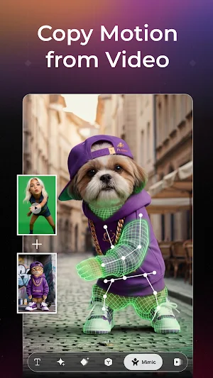 Mimic motion transfer applying a green-screen dancer's moves to a photo of a small dog in a purple hoodie