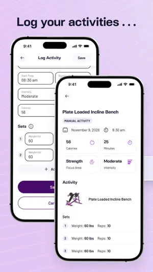 Log your activities: the activity log with sets, weights and reps for an incline bench