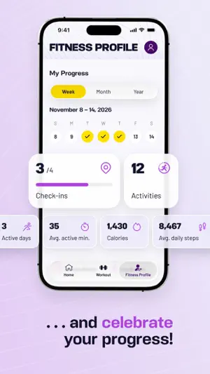 And celebrate your progress: the fitness profile with check-ins, activities and calories