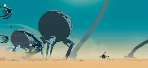 Lana and Mui tiny beneath giant walking machines on a desert shore