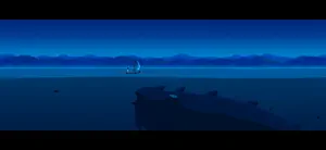 A small boat on a wide blue sea under a hazy horizon