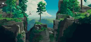 Lana leaping between forest cliffs above a valley