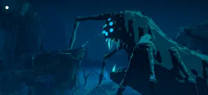 A spider-legged machine looming over Lana in a blue-lit cave
