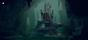 A ruined tower on a rocky outcrop in a misty cavern
