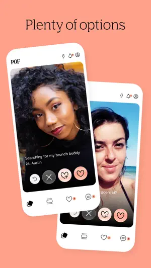 Two POF Meet Me cards under the caption "Plenty of options", the front one reading "Searching for my brunch buddy", 24, Austin