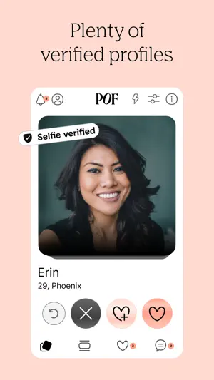Meet Me profile card for Erin, 29, Phoenix, with a "Selfie verified" badge above the rewind, pass and like buttons