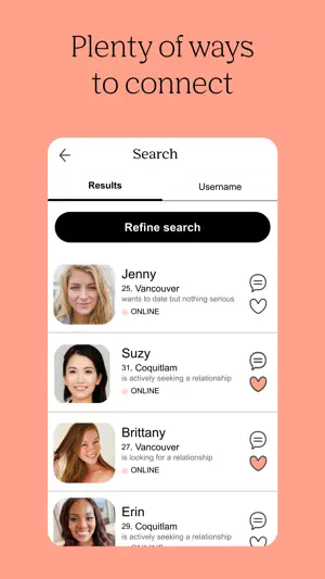 Search results listing four members in Vancouver and Coquitlam with relationship goals, Online labels, and message and like icons