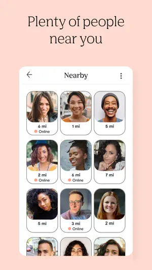 Nearby grid of member photos with distances from 1 to 7 miles and Online labels