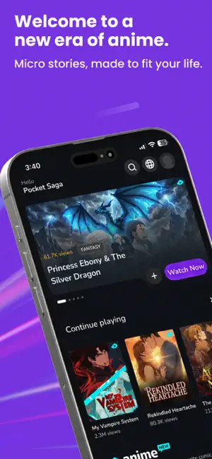 Home screen with a featured fantasy series and a continue-playing row