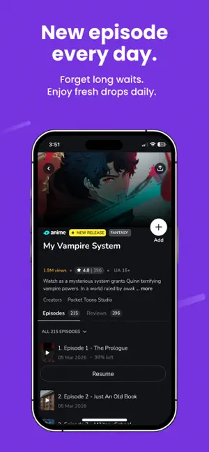 Series page for My Vampire System listing 215 episodes and 1.9M views