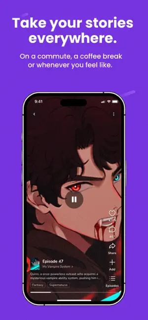 Vertical player showing episode 47 with like, comment and share buttons
