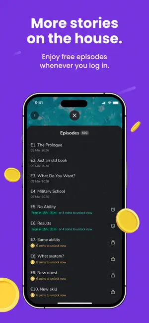 Episode list showing a fifteen-hour countdown or six coins to unlock